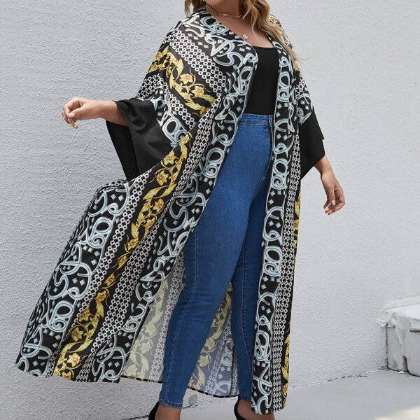 

Plus Floral and Slogan Graphic Batwing Sleeve Kimono, Multicolor