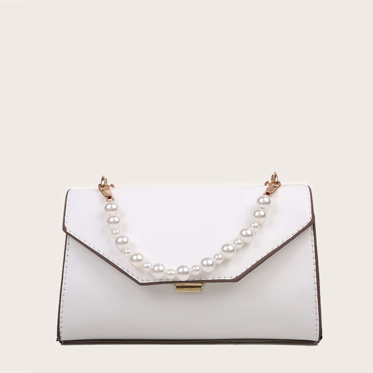 

Faux Pearl Handle Solid Satchel Bag, White