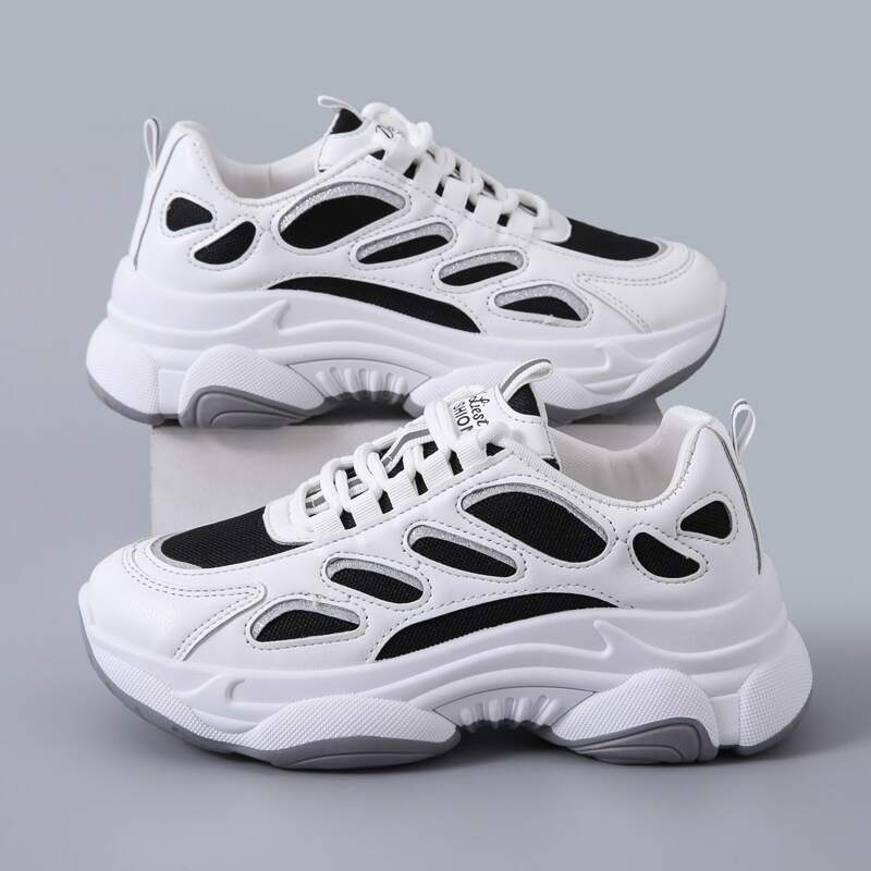 

Colorblock Lace-up Mesh Chunky Sneakers, Black and white