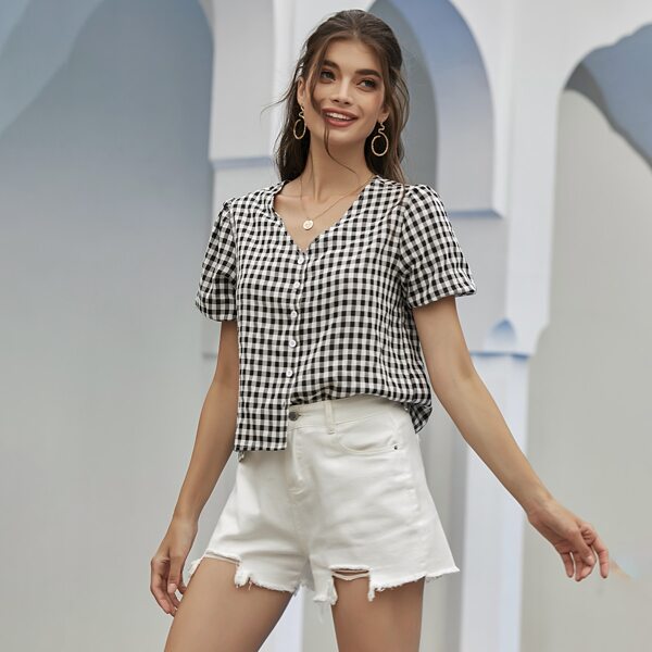 

Gingham Print Button Up Blouse, Black and white