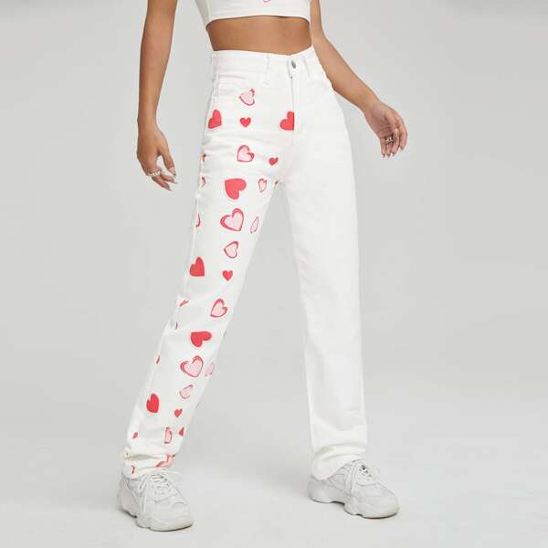 

High Waist Heart Print Straight Jeans, White