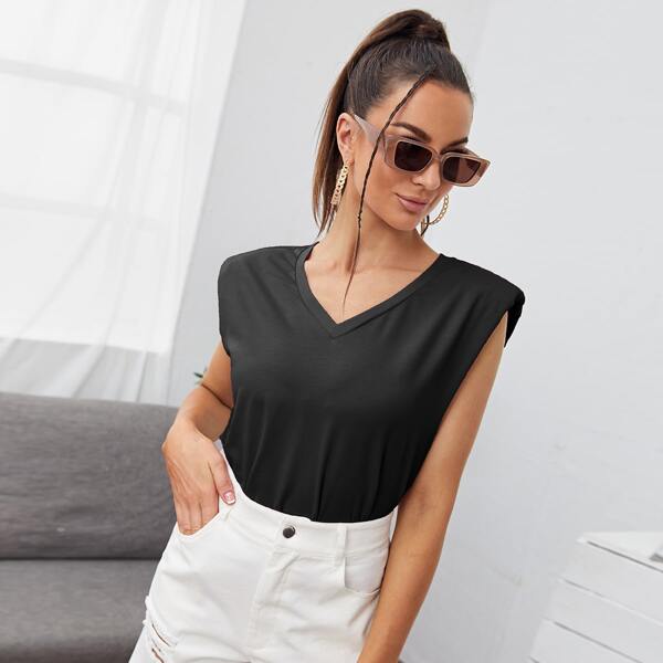 

V Neck Shoulder Pad Tank Top, Black