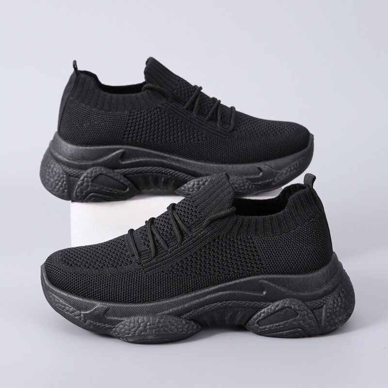 

Solid Lace-up Knit Chunky Sneakers, Black