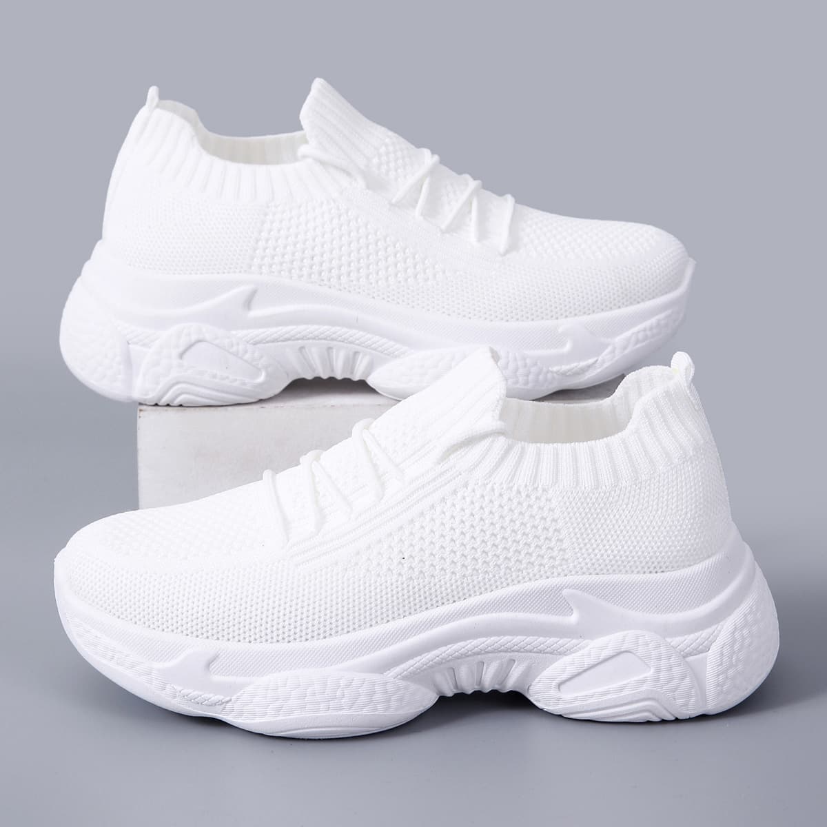 

Solid Lace-up Knit Chunky Sneakers, White