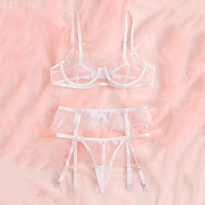 

3pack Bow Mesh Garter Lingerie Set, White
