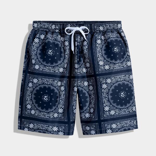 

Men Paisley And Scarf Print Drawstring Shorts, Blue and white