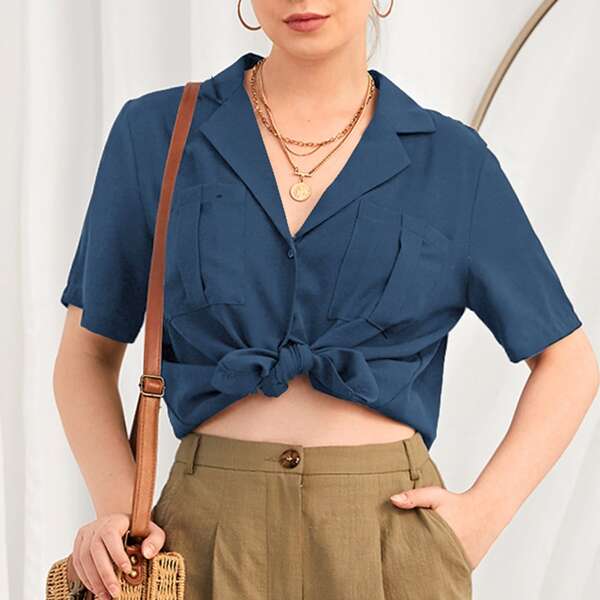 

Pocket Patched Buttoned Blouse, Dusty blue