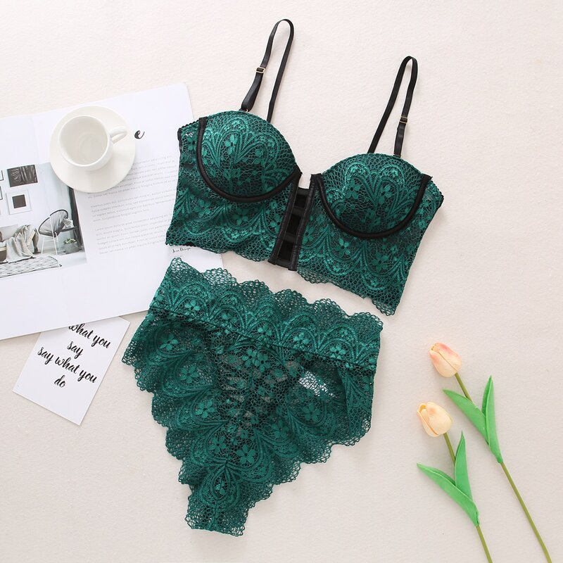 

Scallop Trim Lace Lingerie Set, Dark green