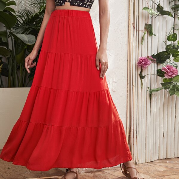

Solid Flounce Hem Skirt, Red
