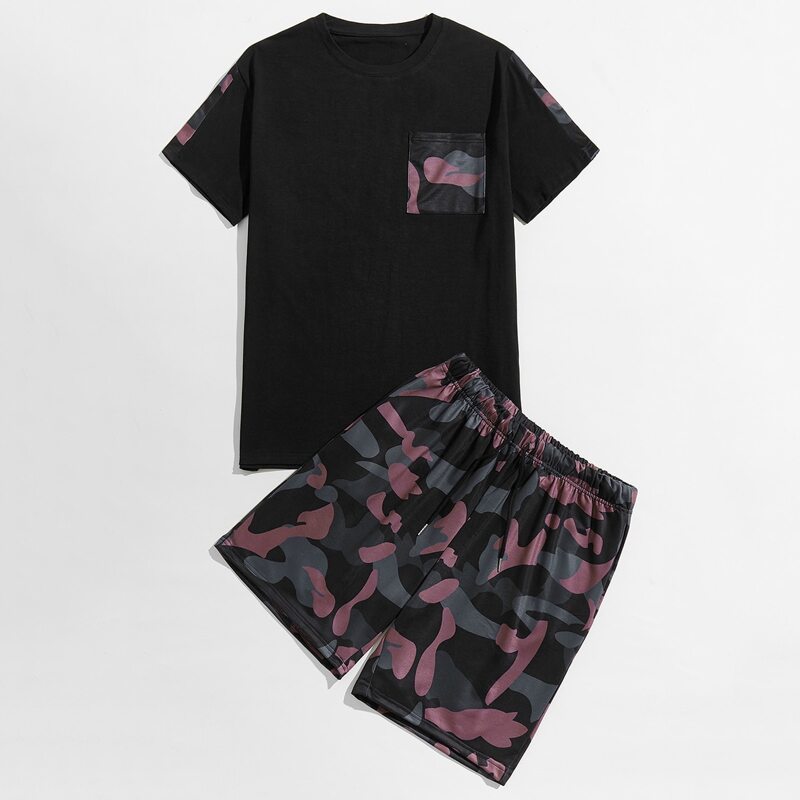 

Guys Camo Print Pocket Patched Tee With Drawstring Waist Shorts, Multicolor