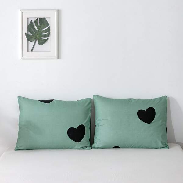 

1pair Heart Print Pillowcase Without Filler, Green