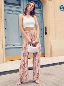 Amiko Ruffle Trim Floral Print Pants
