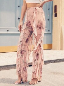 Amiko Ruffle Trim Floral Print Pants