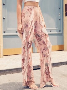 Amiko Ruffle Trim Floral Print Pants