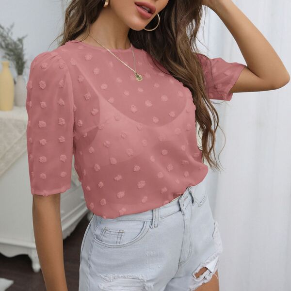 

Swiss Dot Puff Sleeve Sheer Blouse, Dusty pink