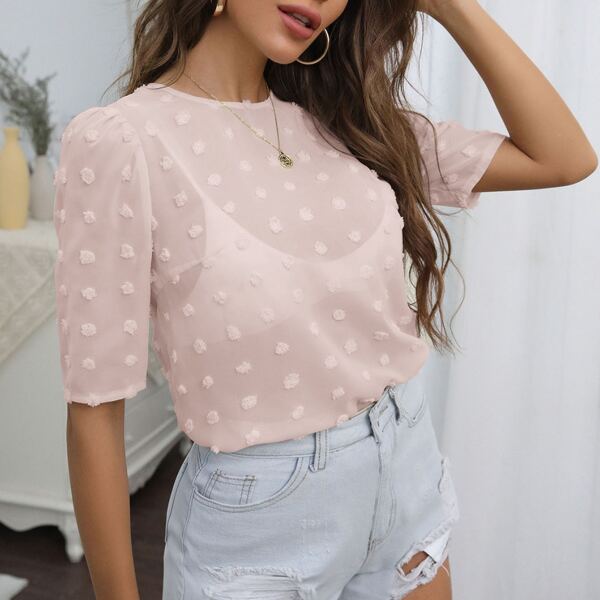 

Swiss Dot Puff Sleeve Sheer Blouse, Baby pink