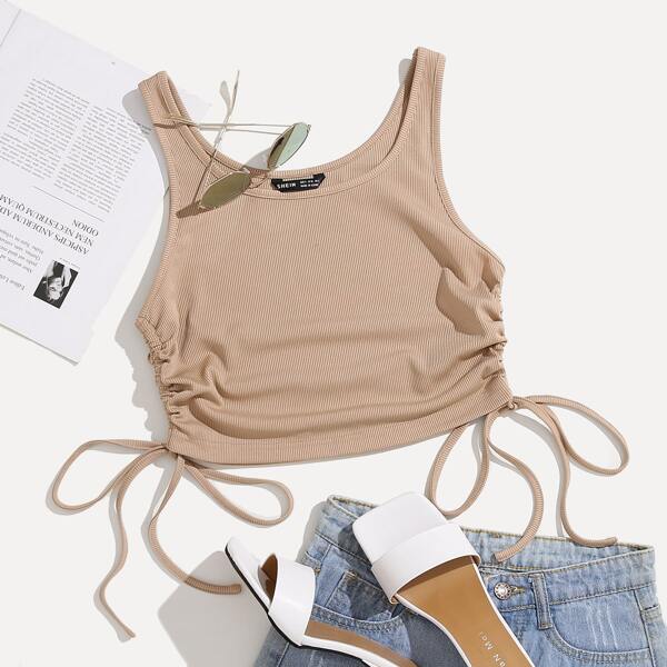 

Solid Drawstring Side Tank Top, Khaki