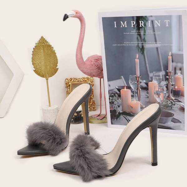 

Minimalist Fluffy Sandal Mules, Grey