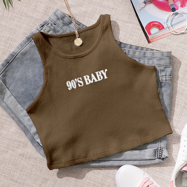 

Letter Graphic Rib-knit Tank Top, Mocha brown