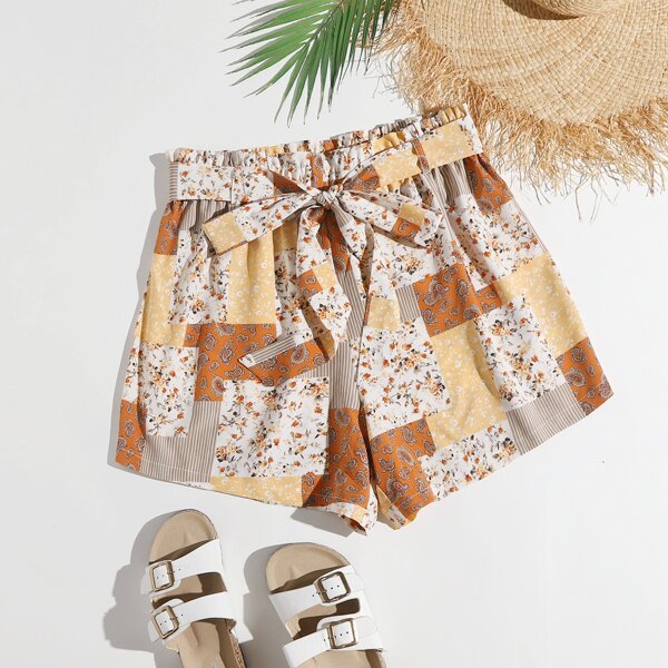 

Plus Ditsy Floral & Paisley Belted Shorts, Multicolor