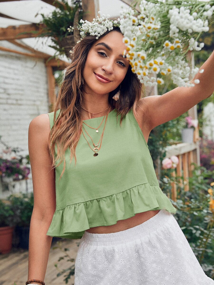 SHEIN Holidaya Top bajo fruncido unicolor - Verde Lima - View 1