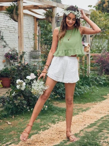 SHEIN Holidaya Top bajo fruncido unicolor - Verde Lima - View 5