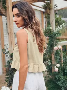SHEIN Holidaya 素色荷葉邊下擺上衣 - 米色 - 查看 2