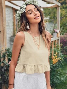 SHEIN Holidaya 素色荷葉邊下擺上衣 - 米色 - 查看 4