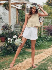 SHEIN Holidaya 素色荷葉邊下擺上衣 - 米色 - 查看 5