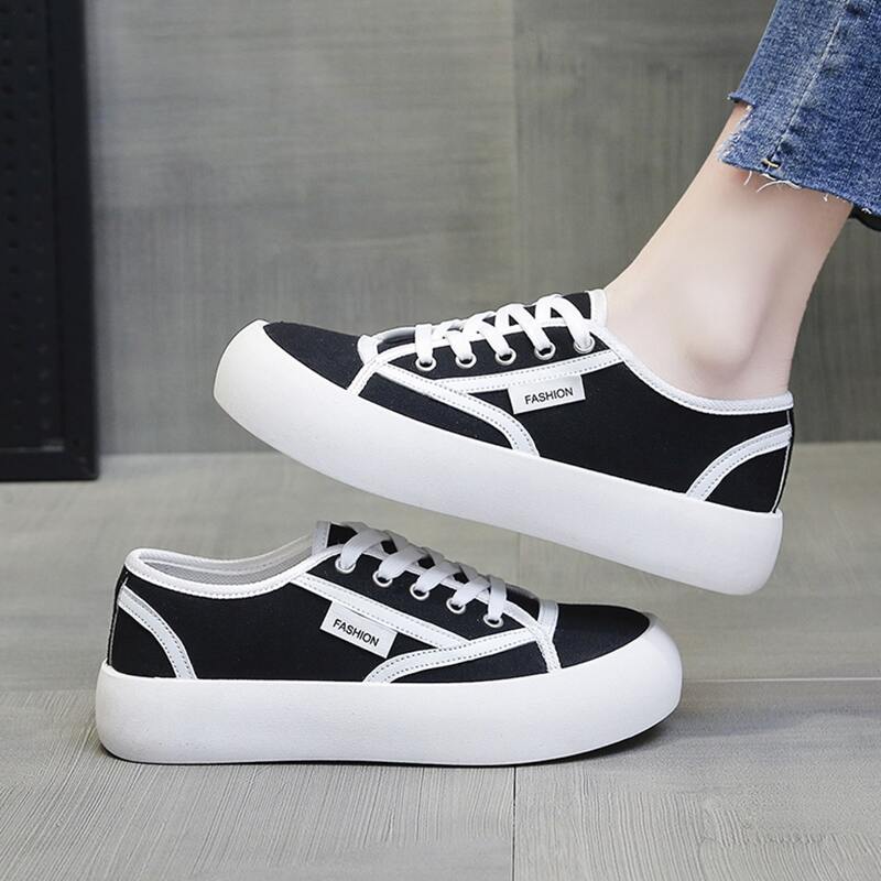 

Contrast Binding Lace-up Canvas Sneakers, Black