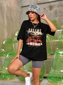 Slogan Graphic Drop Shoulder Oversized Tee - Black - View 6