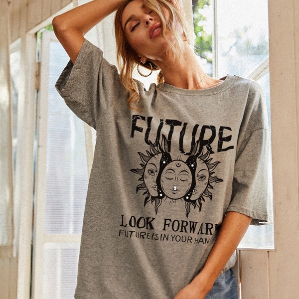 

Sun & Letter Graphic Oversized Tee, Grey