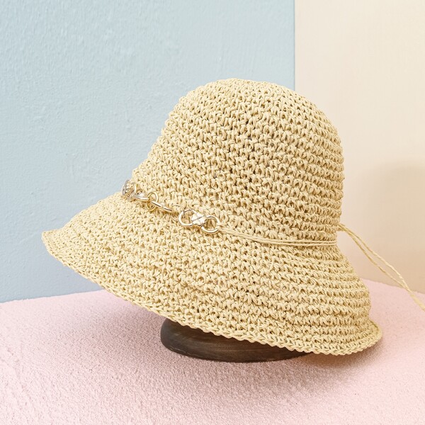 

Metal Chain Decor Straw Hat, Beige