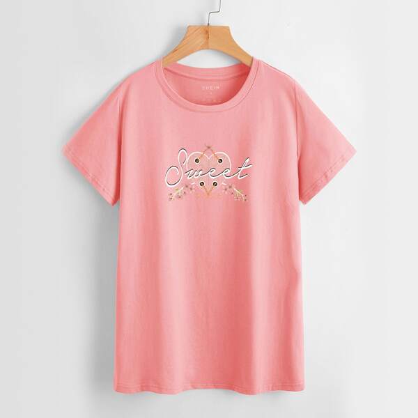

Letter & Heart Print Tee, Watermelon pink