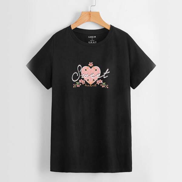 

Letter & Heart Print Tee, Black