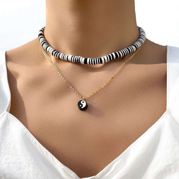 

Yin & Yang Charm Layered Necklace, Black and white