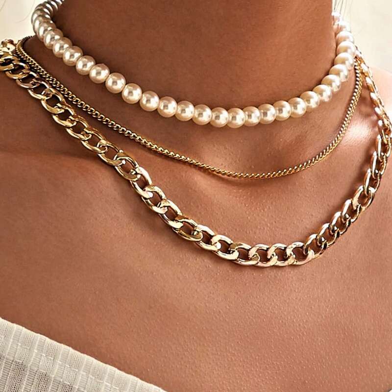 

1pc Faux Pearl Layered Chain Necklace, Gold