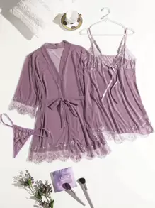 3pack Plus Contrast Lace Lingerie Set With Robe - Dusty Purple - View 1