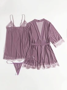 3pack Plus Contrast Lace Lingerie Set With Robe - Dusty Purple - View 2