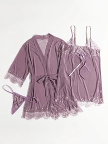 3pack Plus Contrast Lace Lingerie Set With Robe - Dusty Purple - View 3