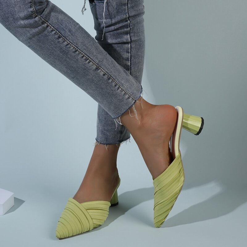 

Pleated Chunky Heeled Mules, Lime green