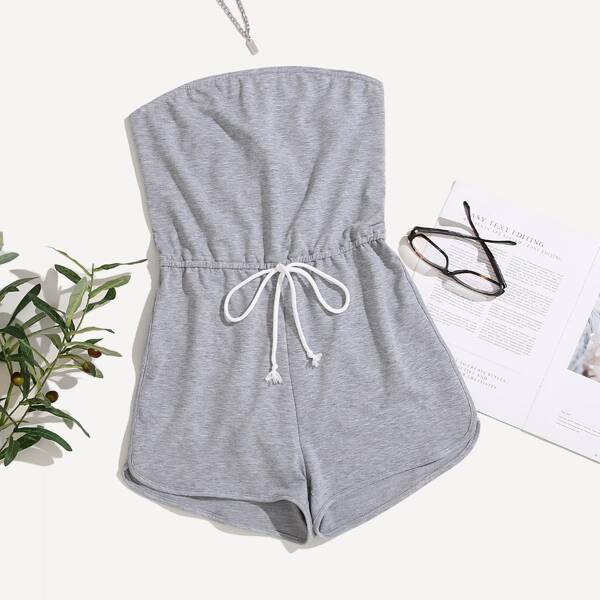 

Solid Knot Waist Tube Romper, Grey