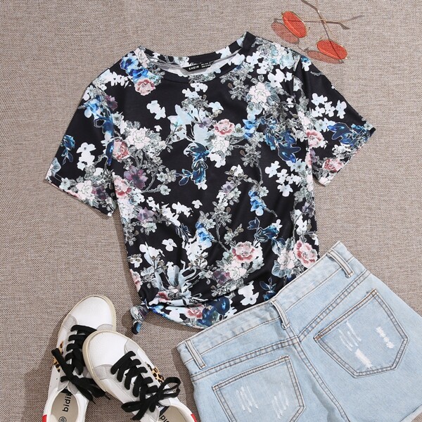 

Floral Print Short Sleeve Tee, Multicolor