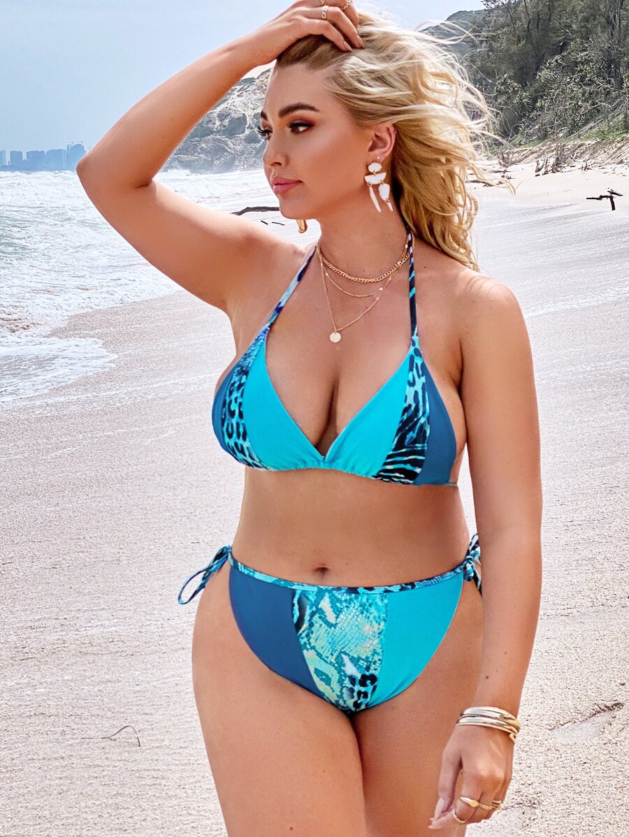 Plus Size Animal Print Triangle Thong Bikini Set Summer Beach - Blue - View 1