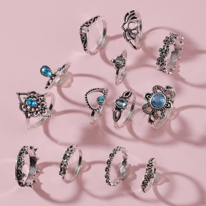 

13pcs Rhinestone Decor Ring, Silver