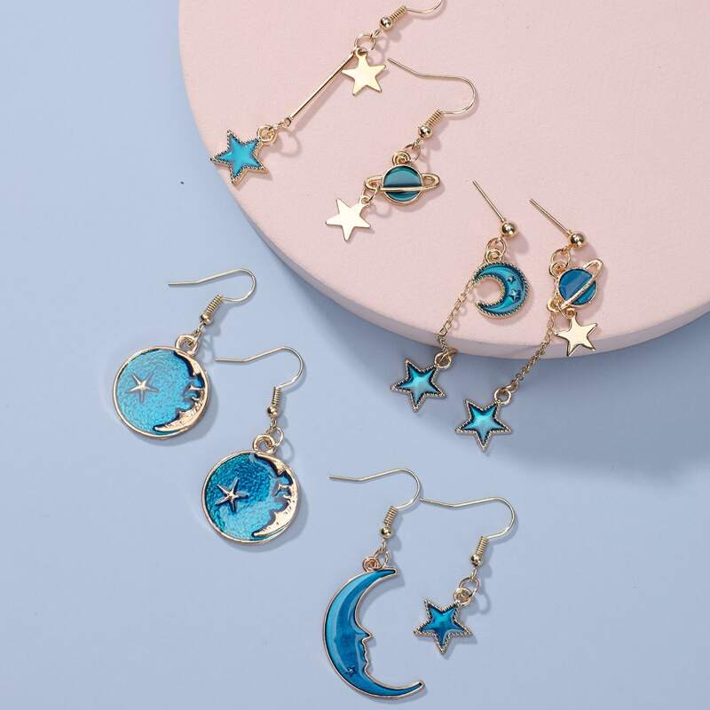 

4pairs Moon & Star Decor Earrings, Gold