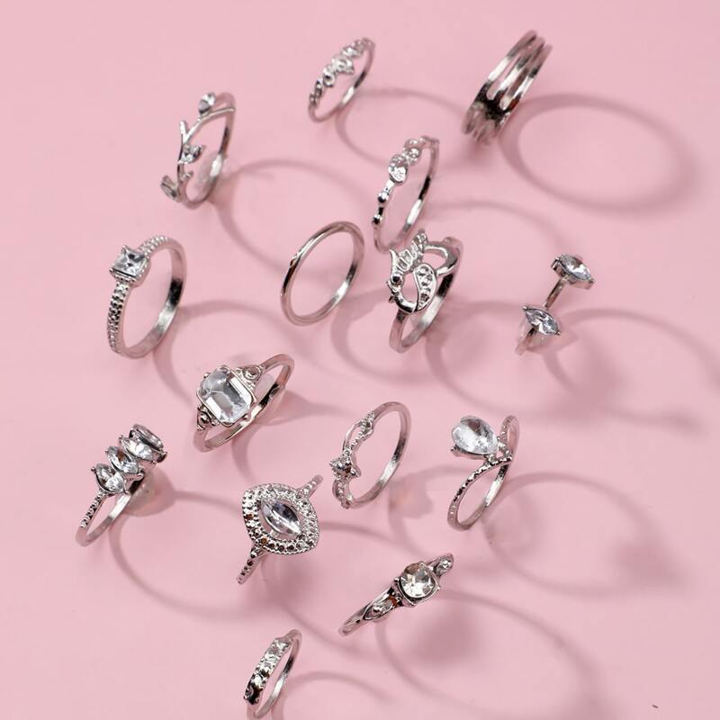 

15pcs Rhinestone Decor Ring, Silver