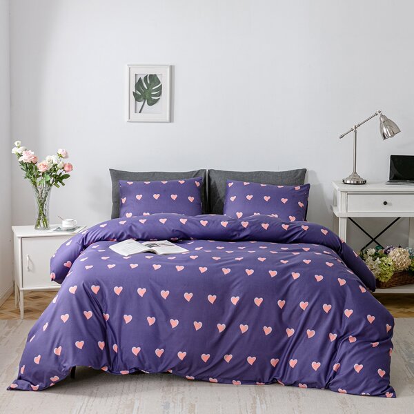 

Heart Print Duvet Cover Set Without Filler, Purple