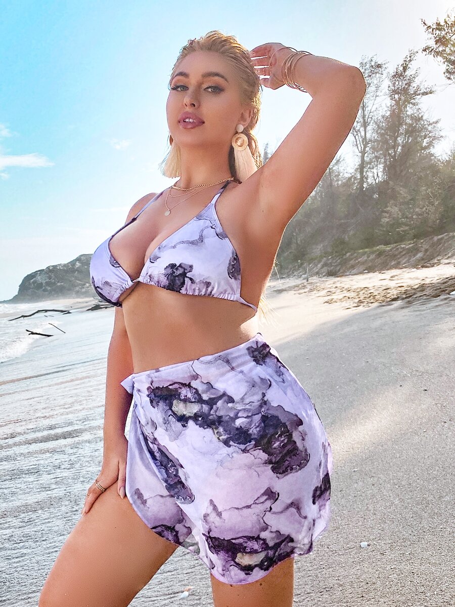 Plus Size 3packs Marble Print Bikini Set With Beach Skirt Summer Beach - Multicolor - View 1