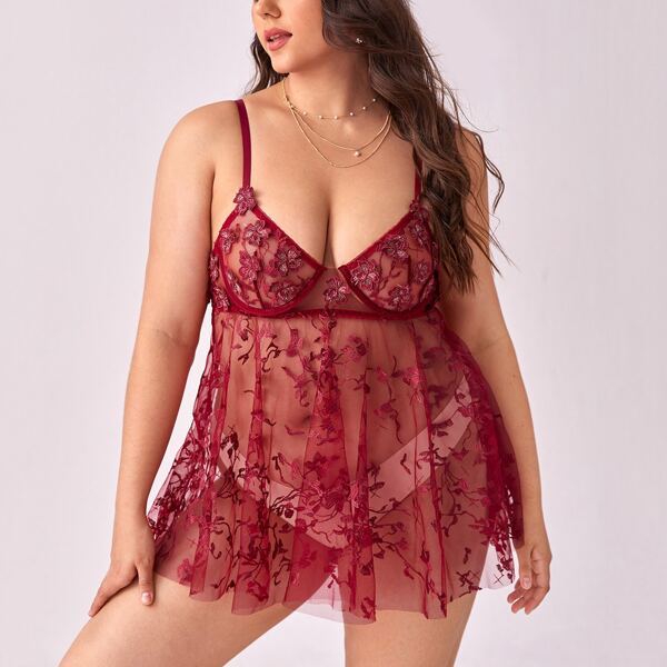 

Plus Appliques Slips With Thong, Burgundy